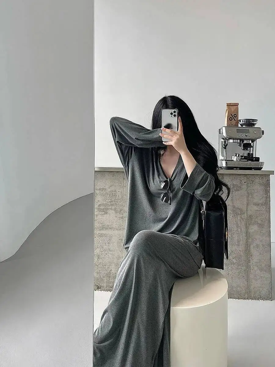 Luie Stijl Grote V-hals Losse T-shirt Top Hoge Taille Lange Zoete Mode Vrouwen Jurk Elegante 2025 Nieuwe Zoete Tops Mode 7IZY