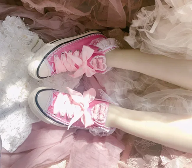 اليابانية الأصلية الوردي لوليتا حذاء قماش الحلو لطيف القوس حزام الدانتيل حافة حذاء كاجوال تنوعا عالية الجودة أحذية يوميا الخروج #2