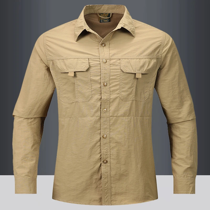 

Quality Men's Outdoor Cargo Long Sleeve Shirts Summer Tactical Lapel Multifunctional Breathable Multi-pocket Hiking Safari Shirt