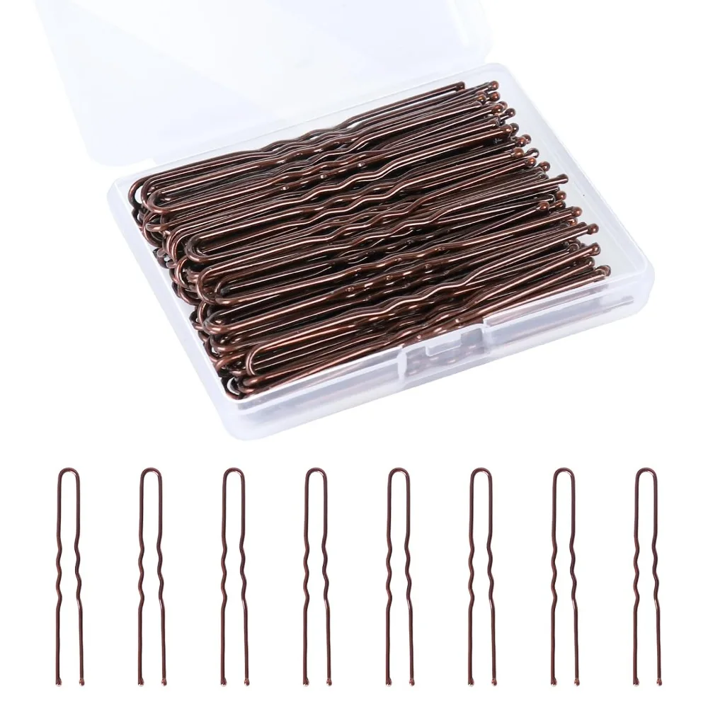 U Shaped Hair Pins 100Pcs 2.4 Inch Hairpins for Women Kids Girls Hair Styling Bun Updo Hairstyles Salon Supplies with Storage Box Brown