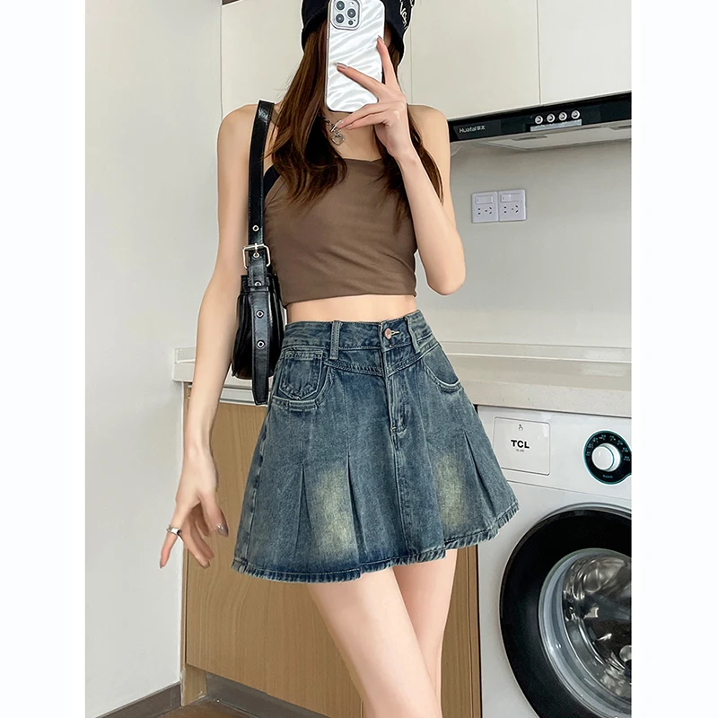 

Retro nostalgic pleated denim skirt, women's spring and summer short skirt, high waisted commuting A-line denim skirt