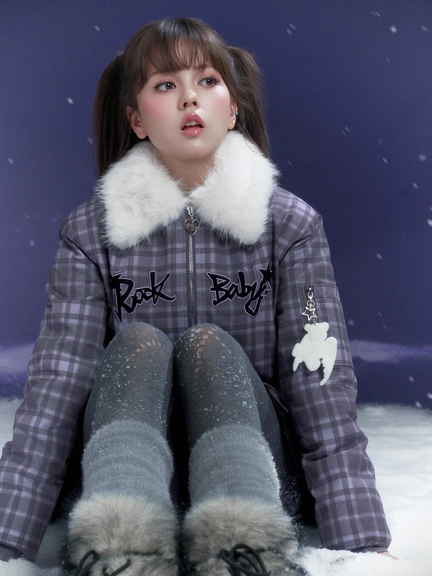 

SagiDolls Sweet Sle ort Cotton Jaet with Fur Collar Plaid Pattern Streetwear American Girl Coat Purple ids Winter Out...