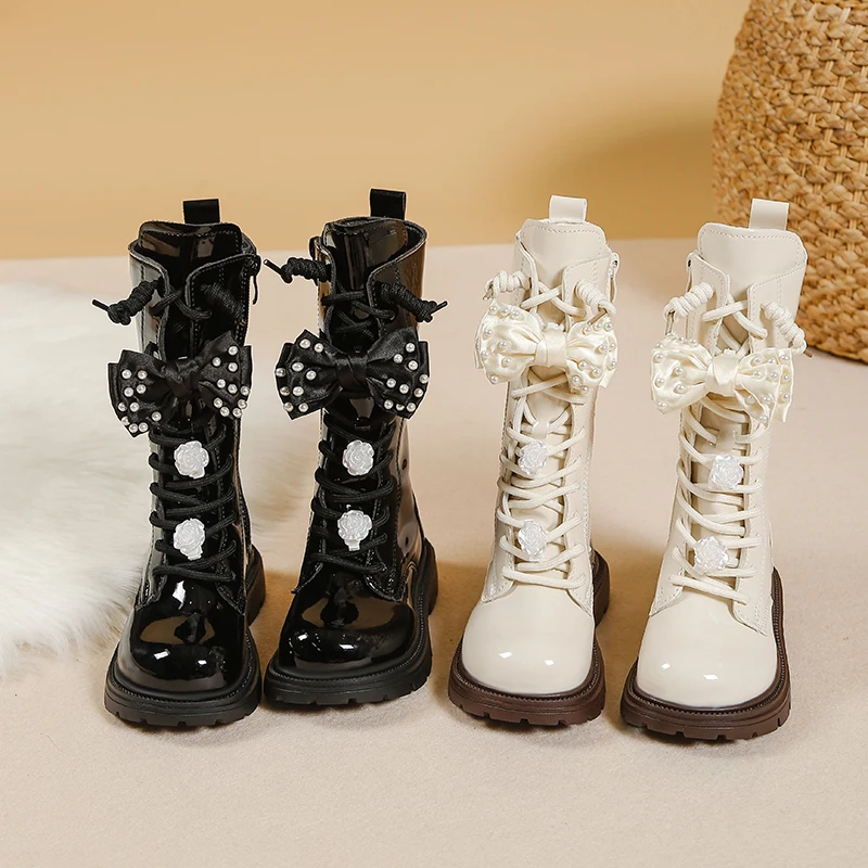 

Children's Fashion Boots Glossy Patent Leather Upper Pearl Studded Bow Accents Secure Autumn/winter Warm Comfortable Girl Boot