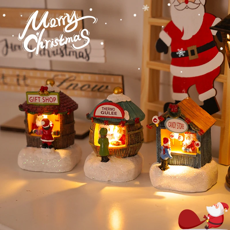 LED Christmas Scene Village House Ornaments Decorations Building for Party Office Desktop Xmas Decor Holiday Popcorn House