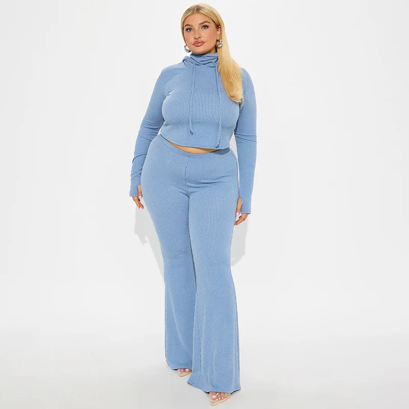 FAGADOER Fashion 2 Pieces Set for Woman Outfits Solid Color Long Sleeves Hooded Crop Top and Flare Pants Suits Female Streetwear