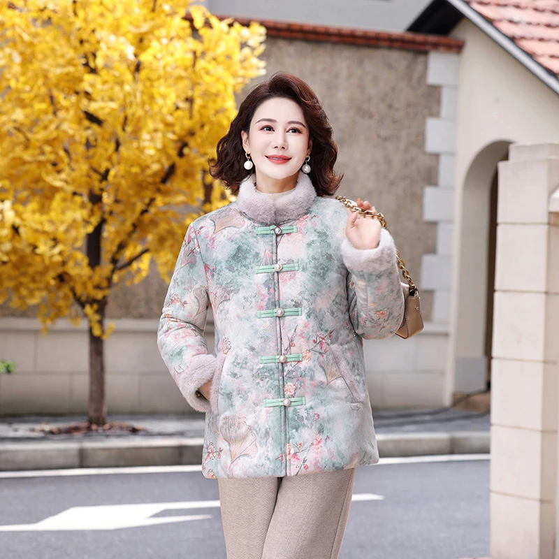 

Утепленная хлопковая куртка с цветочным принтом для женщин среднего и старшего возраста, зимняя модная верхняя одежда, кардиган