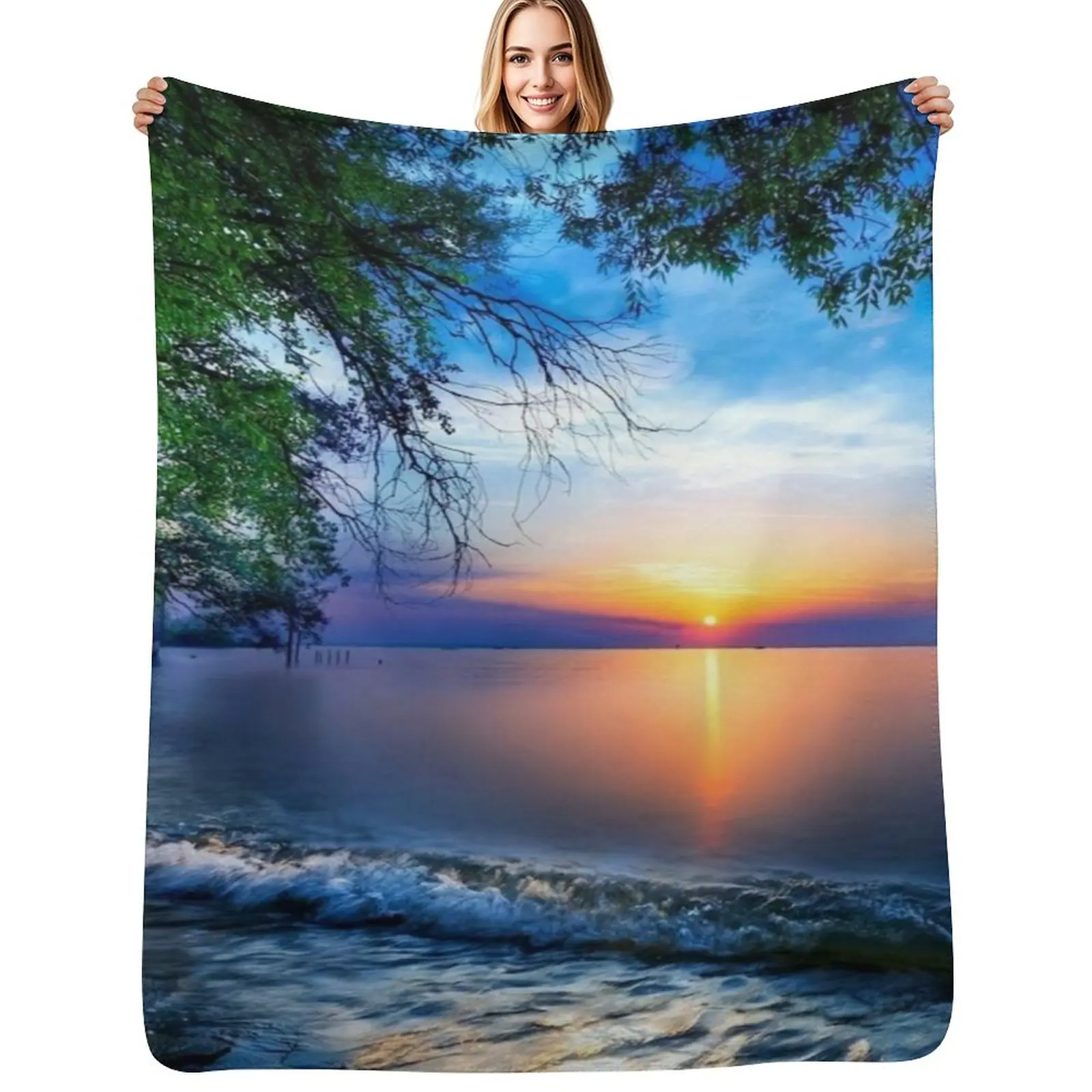 

Blue ocean sunset Throw Blanket Soft Beds Shaggy Nap warm for winter Blankets