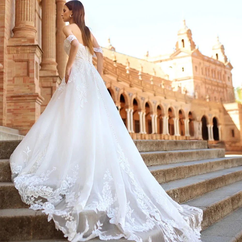 オフショルダーノースリーブウェディングドレスアップリケレースAラインブライダル成長カスタマイズオープンバックイリュージョンVestidosデノビア2025