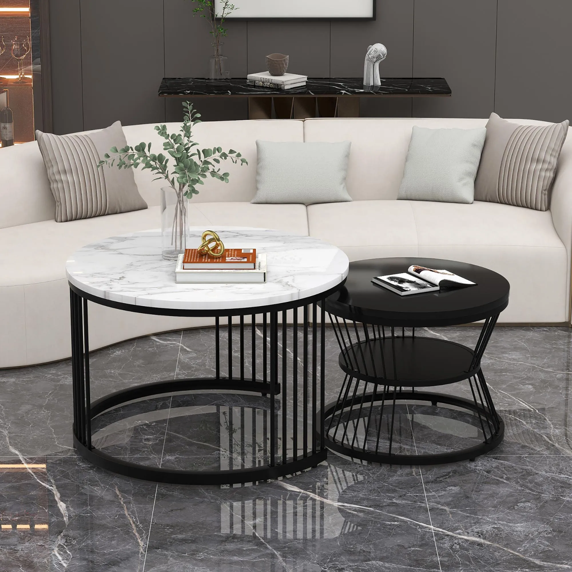 A Set of 2 Modern Nesting Coffee Table Set, Living Room Tea Table Set,  Marble Veneer Sofa Side Nest of Tables Round End Tables