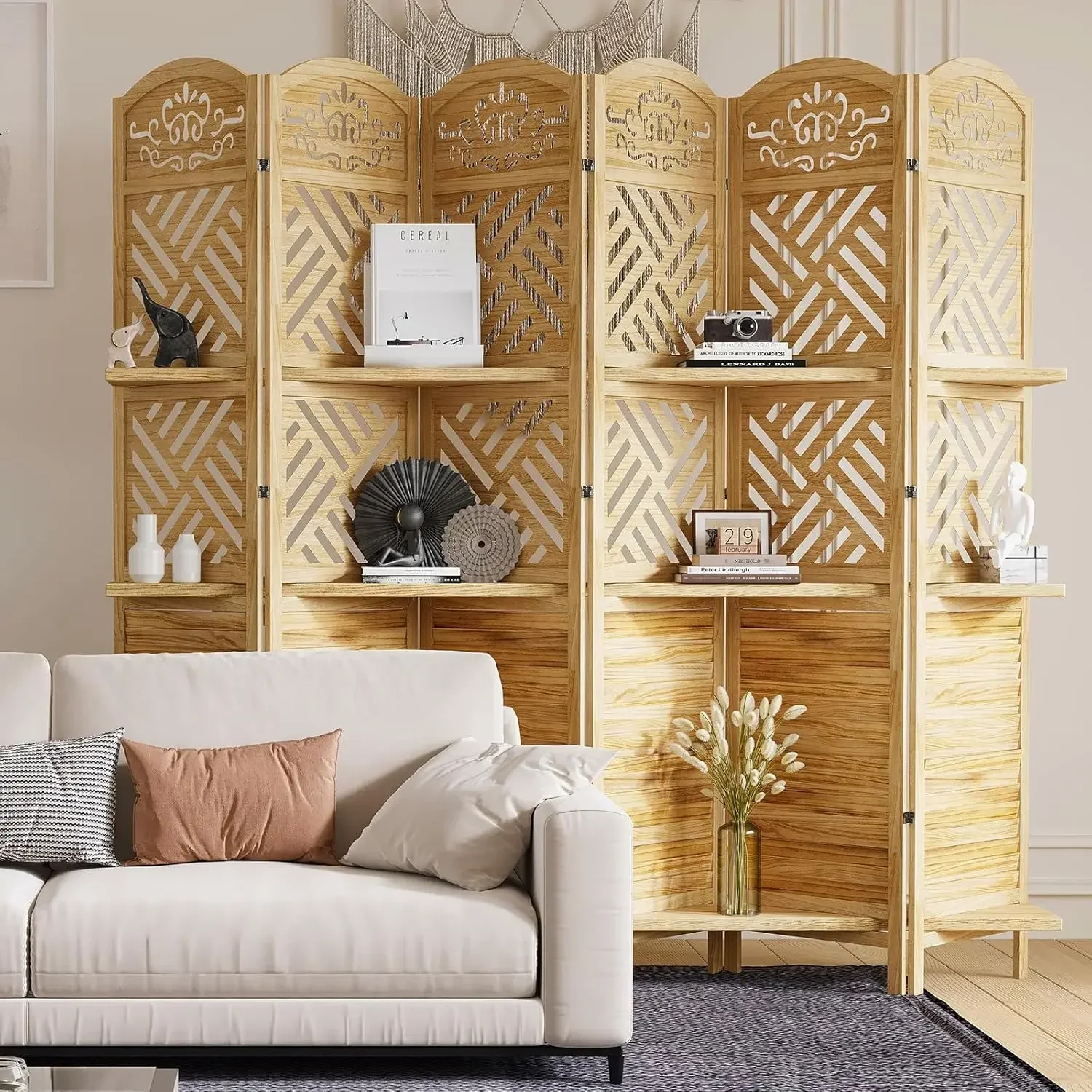 

Room Divider with Shelves, 5.75ft Tall Folding Wood Carved Screen with Double Hinges for Home Office Bedroom Hotel Decoration (6
