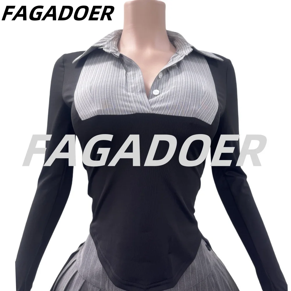 Fagadoer-女性用のポロカラーのボタンとストライプのプリントパッチワークシャツとプリーツスカートスーツ、プレッピースタイルのファッション、2個セット