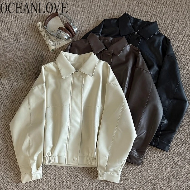 

OCEANLOVE PU Jackets Woman Solid Autumn Winter Clothes Chaquetas Streetwear Loose Vintage Korean Fashion Jaqueta Feminina