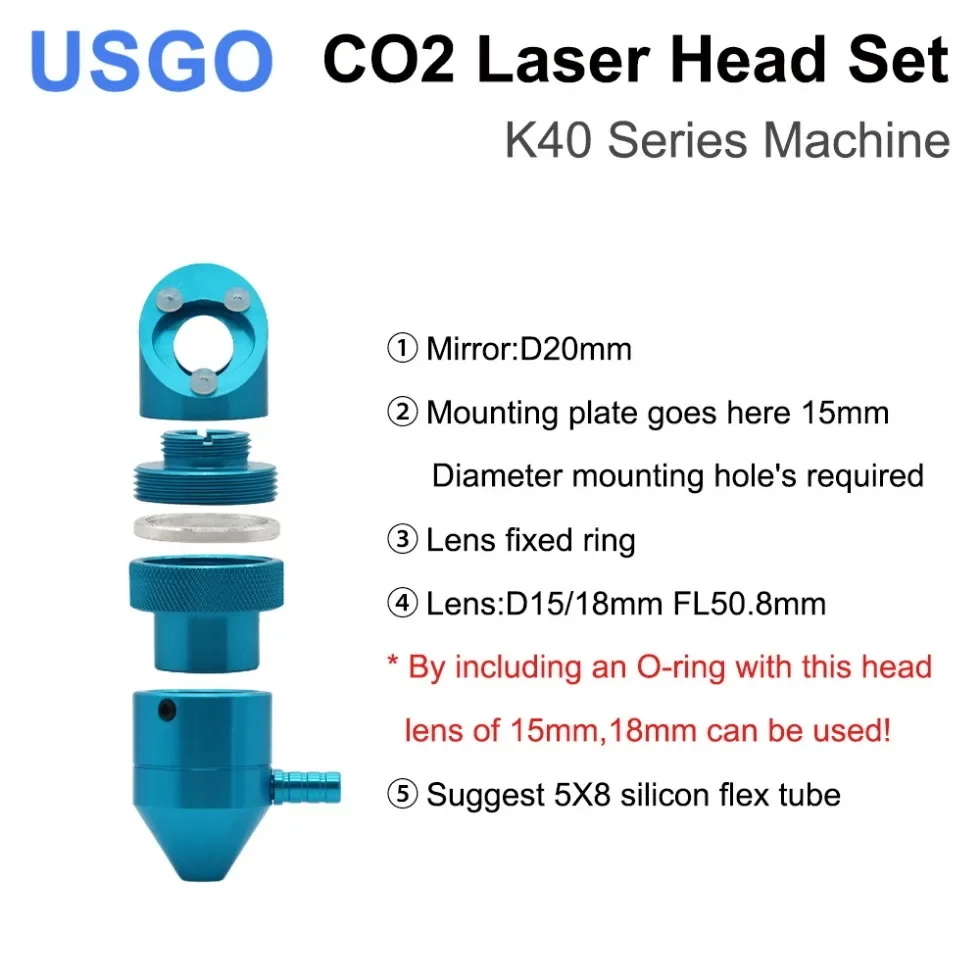 

USGO K40 Series CO2 Laser Head Lens Dia 12/16/18mm Focal Length 50.8mm Mirror 20mm for Laser Engraving Cutiing Machine