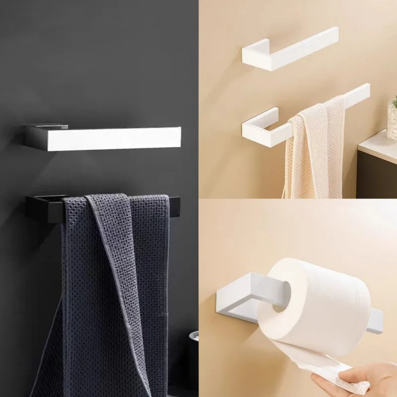 No Nail Kit Bathroom Hardware Set White Kit Banheiro SS304 Towel Bar Wall Mount Black Toilet Paper Holder Hand Robe Hook Hanger