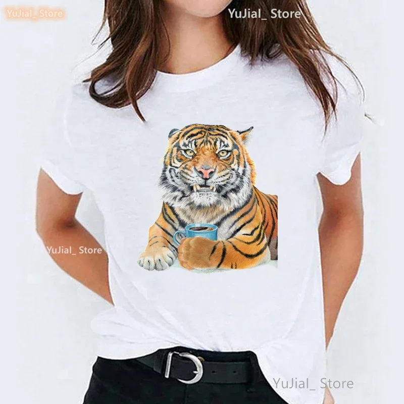 Colorful Tiger Animal Print T Shirt Women'S Clothing Casual White Tshirt Femme Summer Short Sleeve T-Shirt Female Streetwear