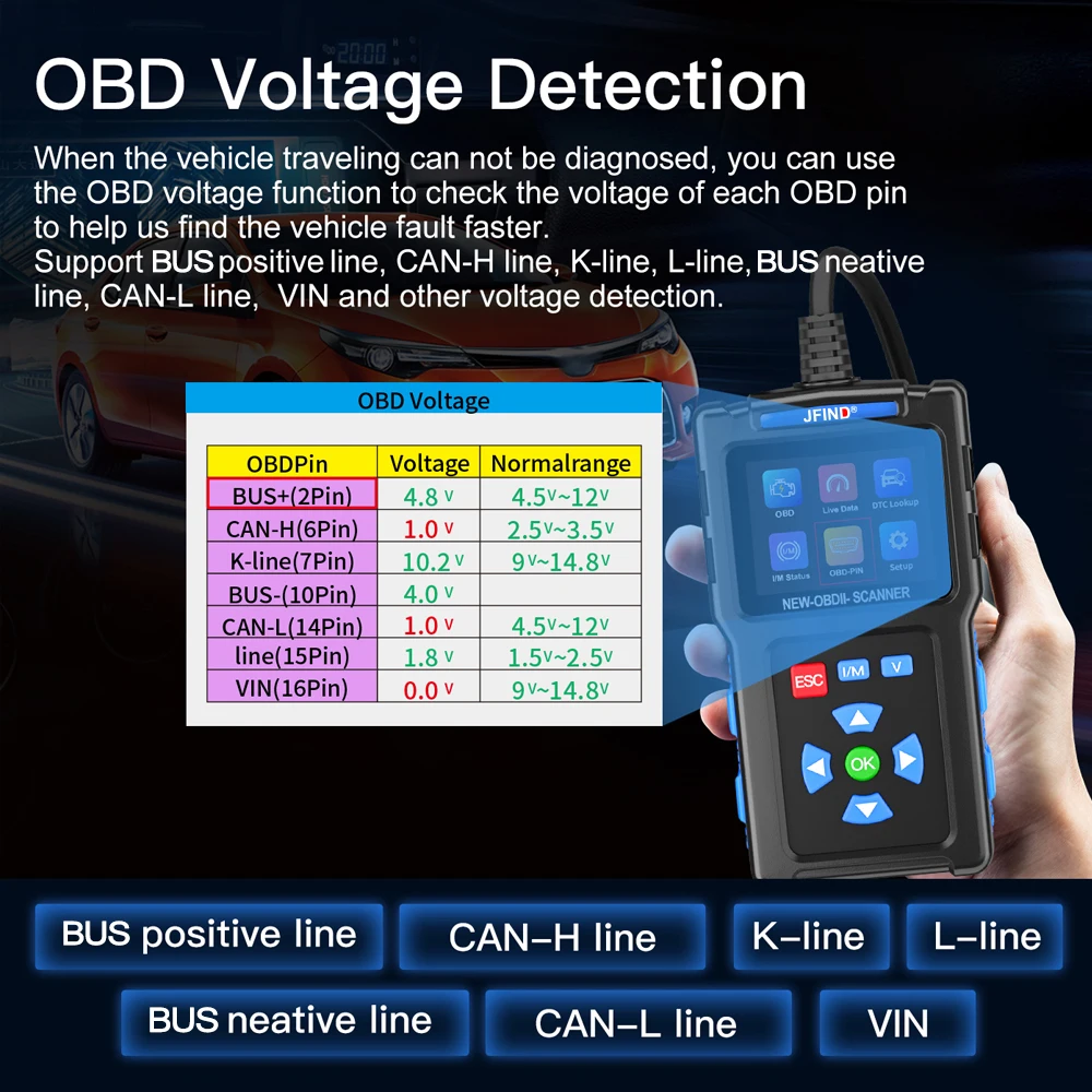 JFIND JF700 OBD2 Car Scanner Diagnostic Tool OBD Pin Voltage Tester Mode 6 Mode 8 EML327 OBD/EOBD Engine Fault Code Reader