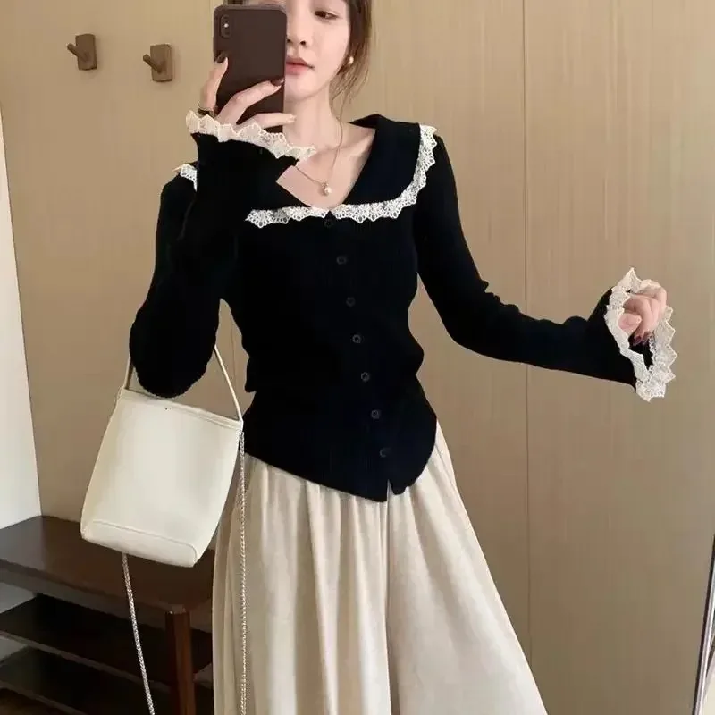 Cardigan à manches longues pour femmes, décontracté, col en v, haut tricoté, Style coréen, pull en dentelle douce, élégant, couleur unie, automne 2025