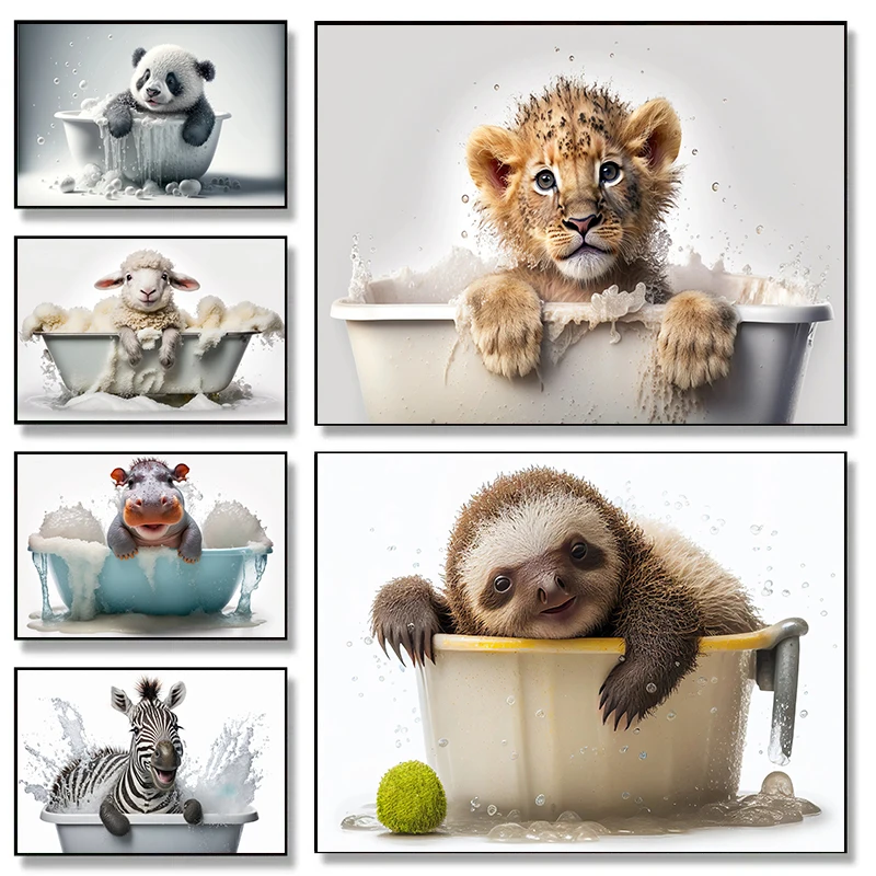Cute Animals Baby in Bathtub Posters Elephant Panda Duck Prints Canvas Painting Bath Wall Art Picture for Living Room Home Decor