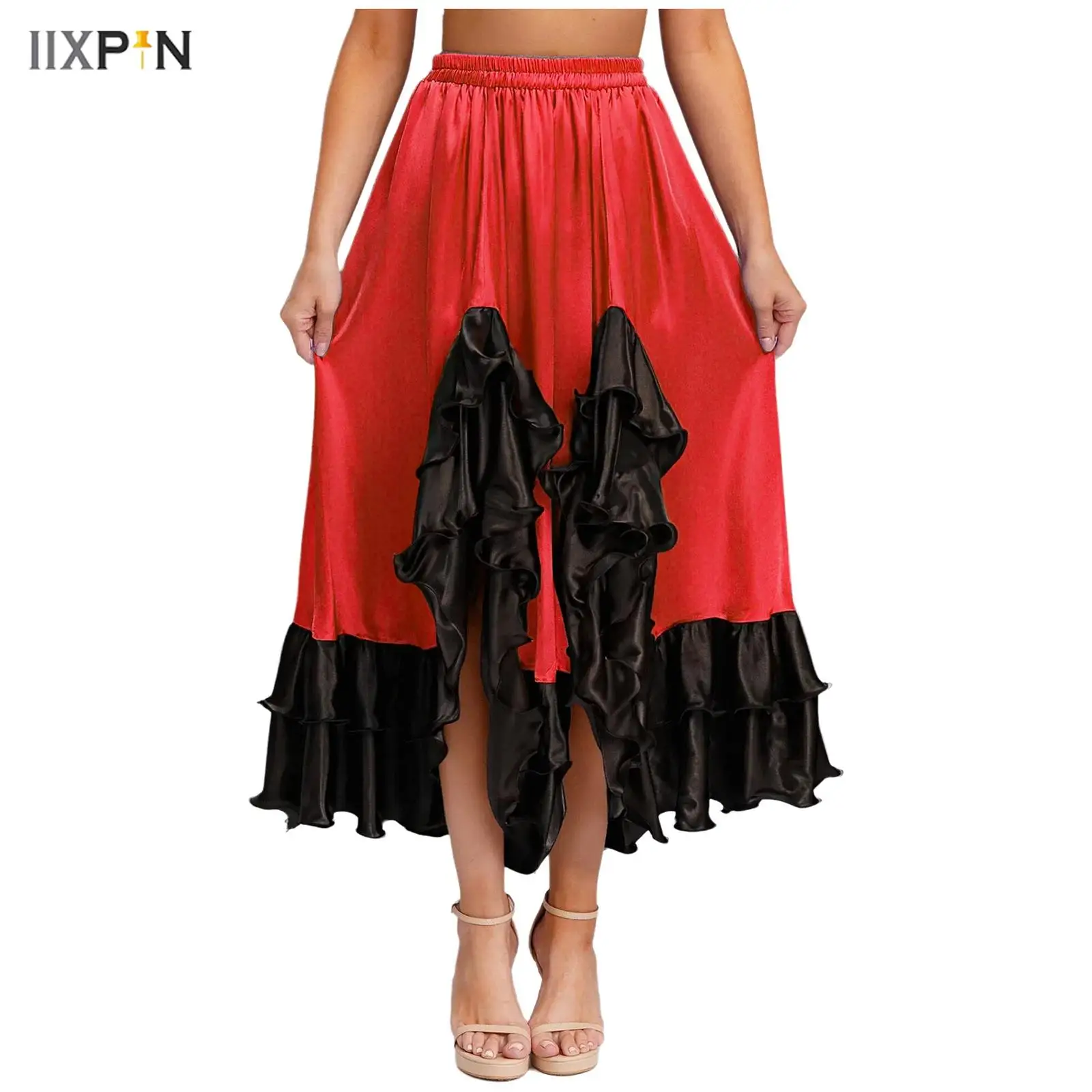 

Womens Flamenco Dance Skirt Ruffled Trim Irregular Hem Contrast Color Satin Big Swing Skirt for Spanish Classical Dance Tango