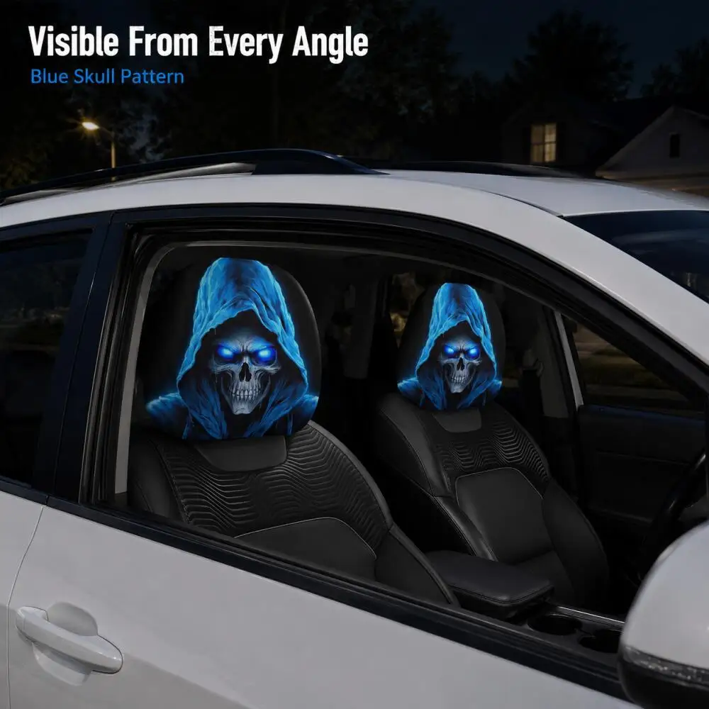 2PCS Blue Glow Skull Car Headrest Covers 2D Flat Hooded Reaper Print Black Auto Headrest Protector Gothic Universal Fit