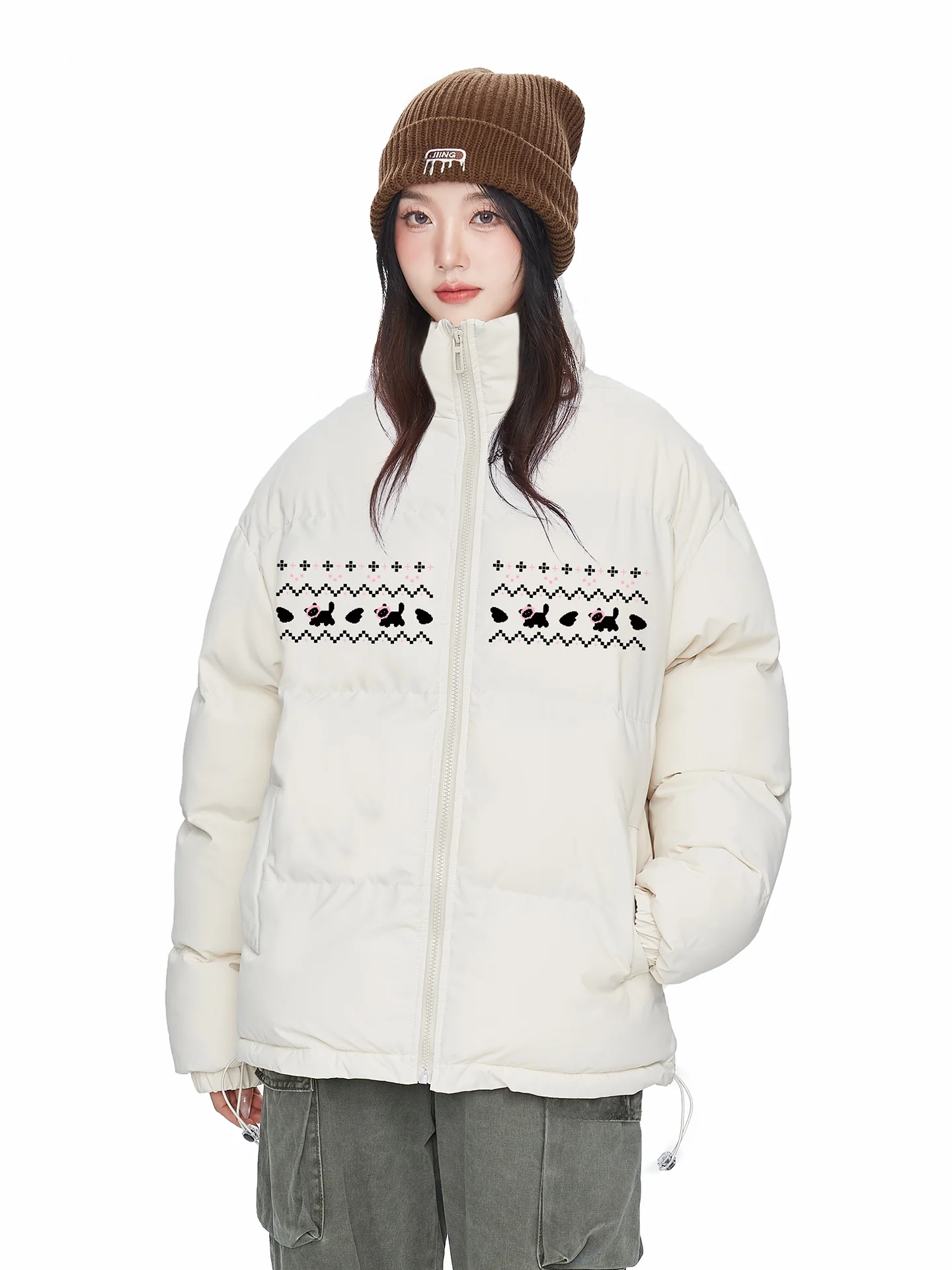 

Теплая хлопковая женская куртка в стиле ретро с забавными крыльями и собачьим принтом, воротник-стойка, зимняя новая универсальная верхняя одежда Thiened Long Sve...