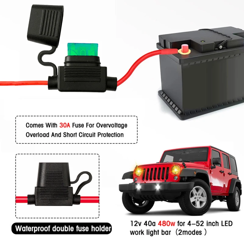LED Light Bar Wiring Harness Kit 480W 2 Leads 18 AWG LED Wiring Harness with 12V 40A Relay and Waterproof Control Switch