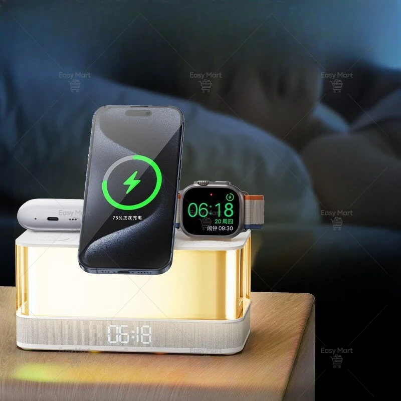 Wireless Charger with Colorful Night Light and Built-In Audio Speaker,Supports Fast Charging