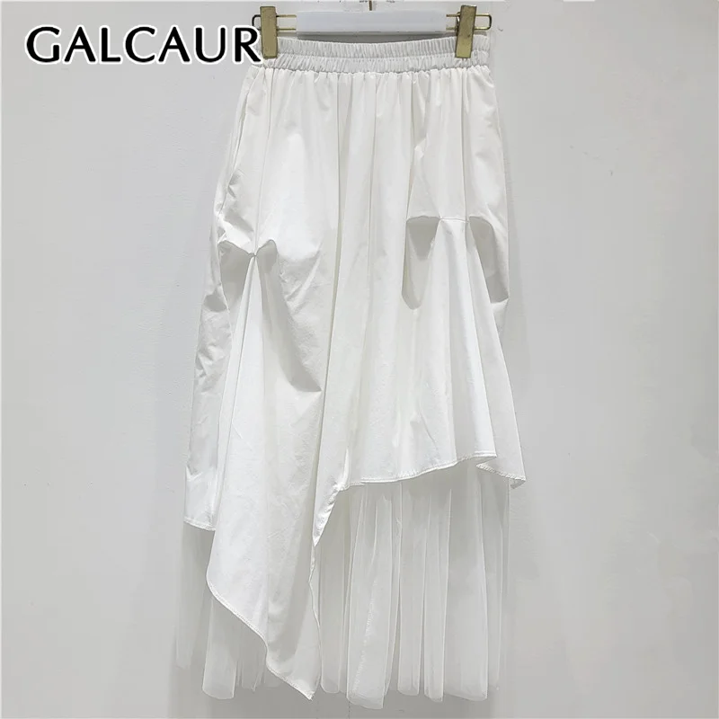 

GALCAUR Solid Loose Spliced Mesh Elegant Skirt for Women Patchwork Elastic Waist Minimalism Skirt Female Fashion New Style 2026