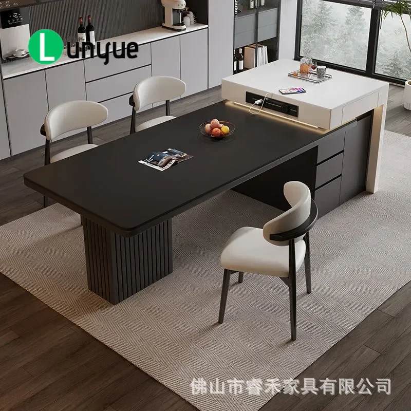 2026 New High End Italian Light Luxury Rock Slab Dining Table Retractable Middle Island Integrated Household Furniture