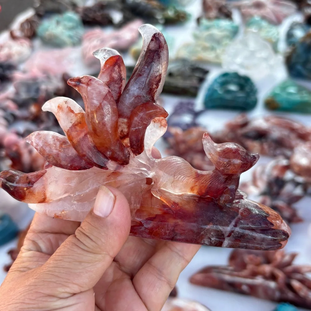 Natural Hematoid Quartz Nine Tailed Fox Carving Handmade Crystal Figurine Reiki Healing Stone Home Desktop Decoration Spiritual