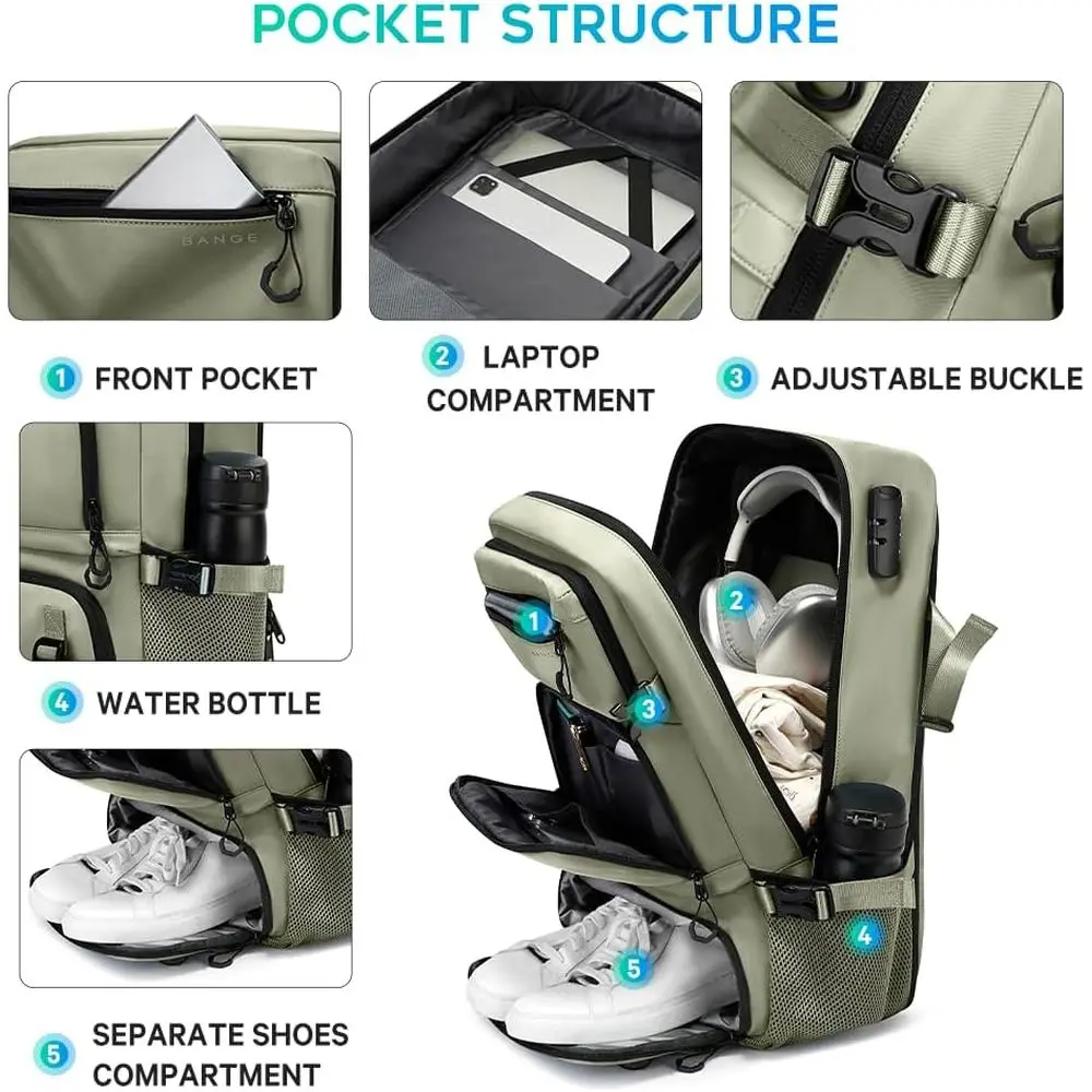 Mochila de Viagem, Mochila de Mão para Viagens ou para Mulheres e Homens, Leve, Aprovada para Viagens de Negócios, Mochila Impermeável para Fins de Semana (Verde)