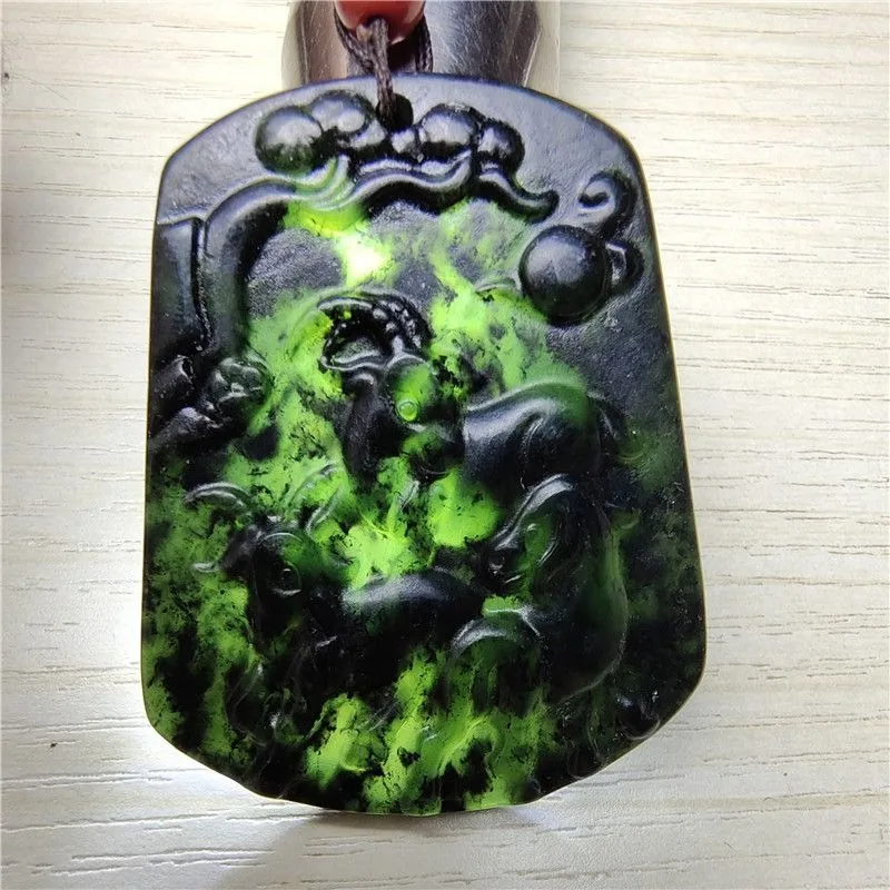 

Pure Natural Lantian Ink Jade Sanyang Kaitai Pendant Dark Green Jade Zodiac Sheep Necklace Pendant