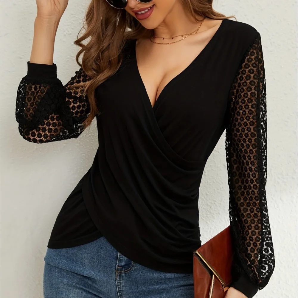 Women V Neck Blouse Wrap Cross Front Lace Lantern Puff Sleeve Patchwork Mesh Elegant French Spring Autumn Black Shirt Tops