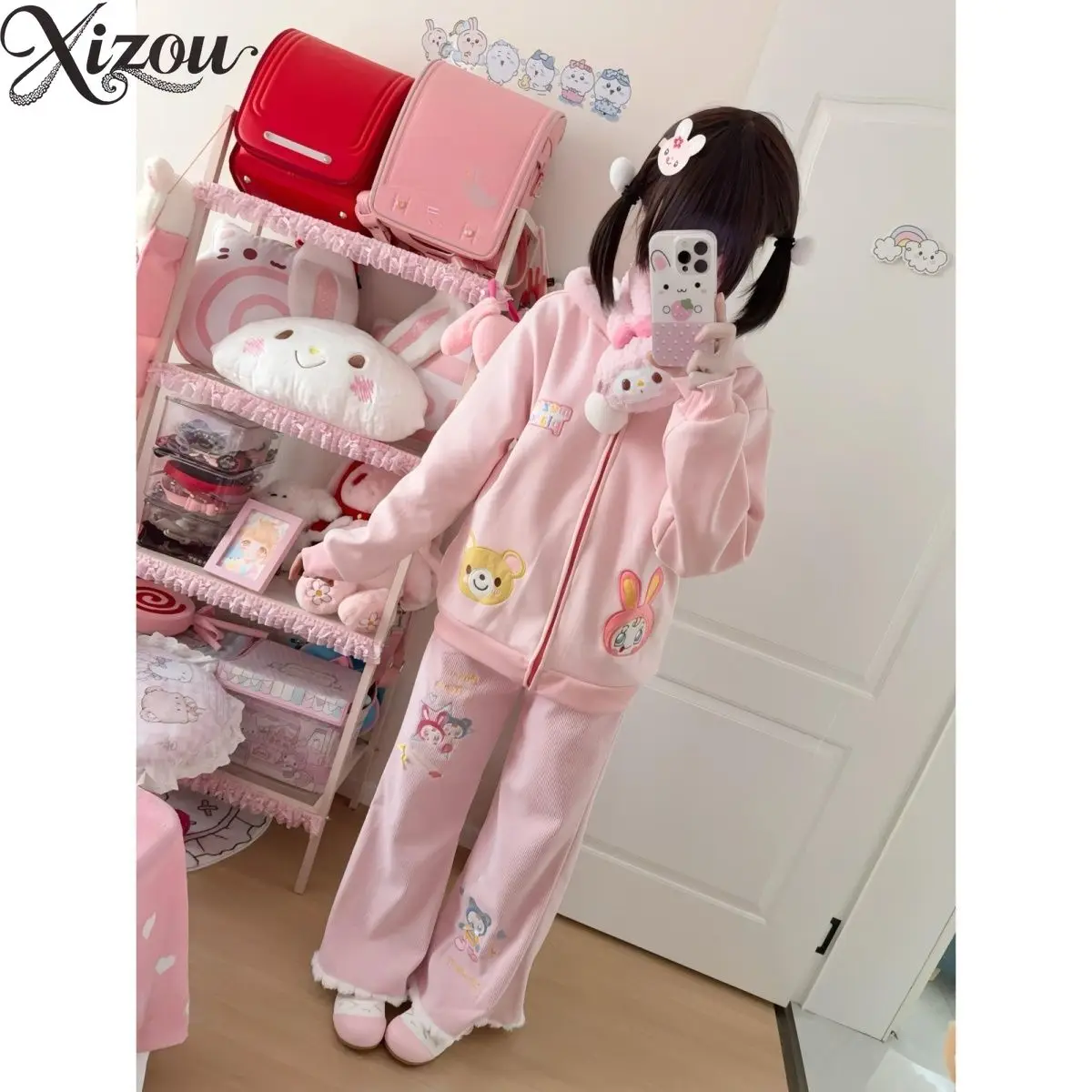 Pink Zipper Hoodie Bunny Long Fleece Lined Wide Leg Thicked Pants Two-Piece Y2K Harajuku Sweet Outfit Cute Rabbit Bear Autumn