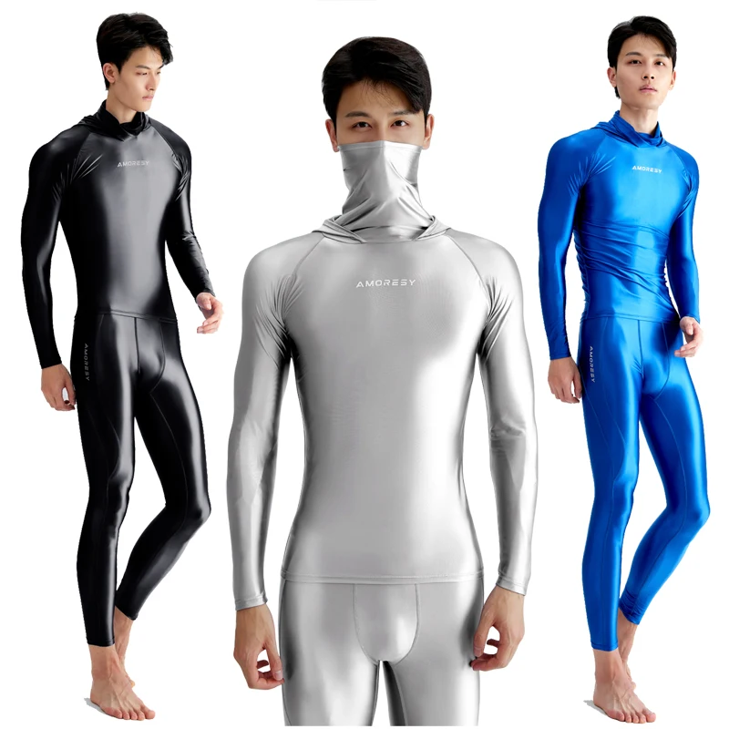 

sexy Men Silk smooth glossy swimsuit Tight pants surfing quick drying long sleeved Hooded top fitness Breathable body suits