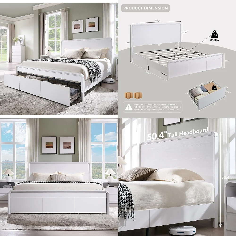 

Modern King Size Bed Frame with 50 Tall Headboard, Wood King Size Platform Bed Frame w 3 Storage Drawers, Curved Profile Design