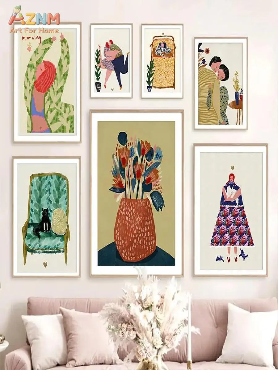 AZNM Frameless Canvas Wall Art, Abstract Folk Hugging Couple Black Cat Green Armchair Floral Vase Print Warm Hand Drawn Romantic