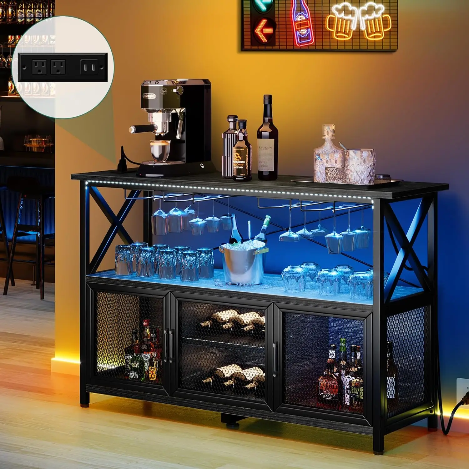 Armário de bar de 55 "com luzes LED, armário de vinho com tomada de energia, suporte de mesa de bar com rack de vinho, armários de armazenamento, Sh ajustável