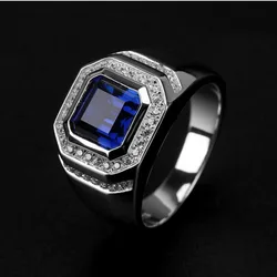 Statement male ring Silver Color 7mm Blue AAAAA Zircon cz Engagement Wedding Band Rings for men Finger Party Jewelry