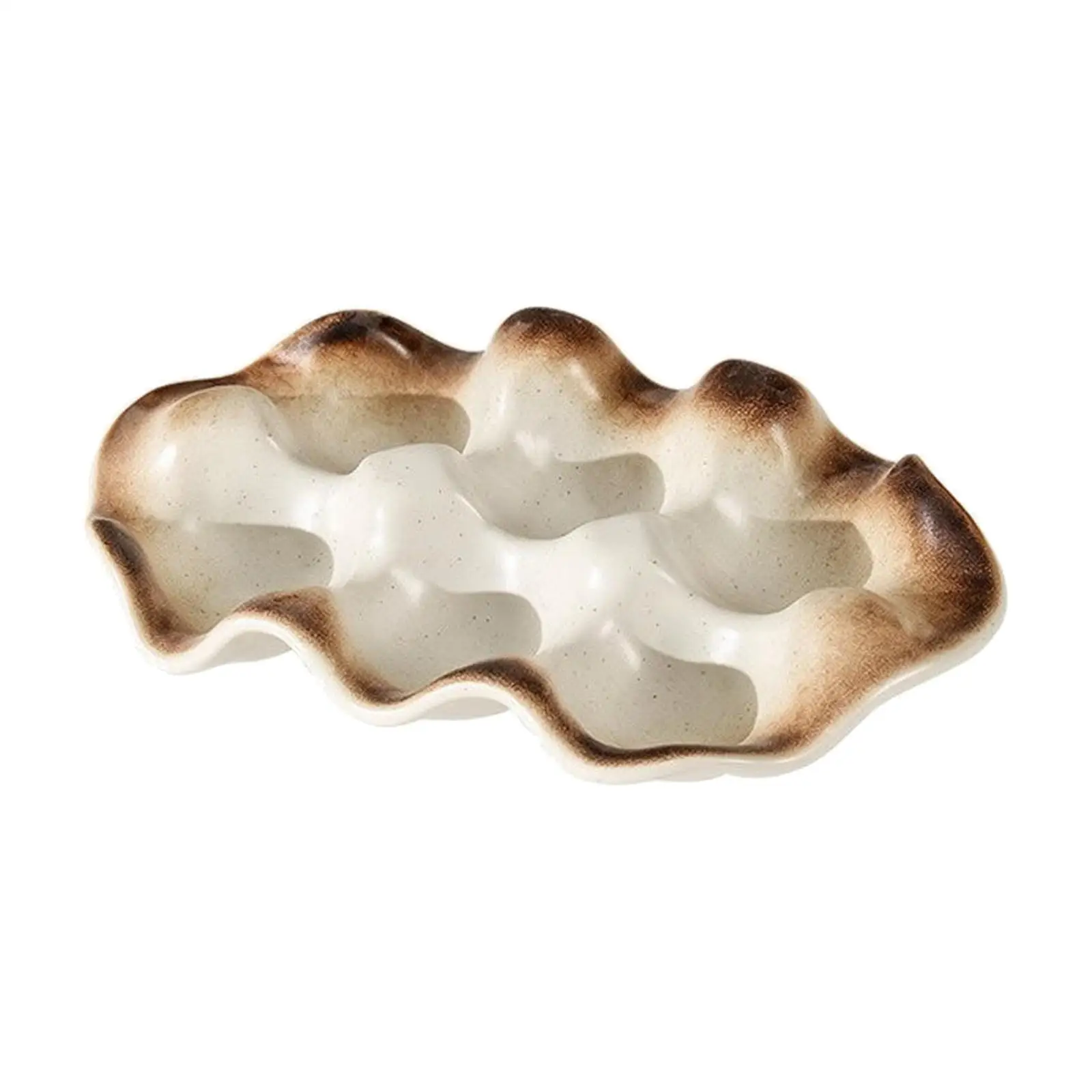 Ceramic Egg Storage Organizer Tray with Raised Rippled Rim for Kitchen Counter Use and Vanity Small Item Holder
