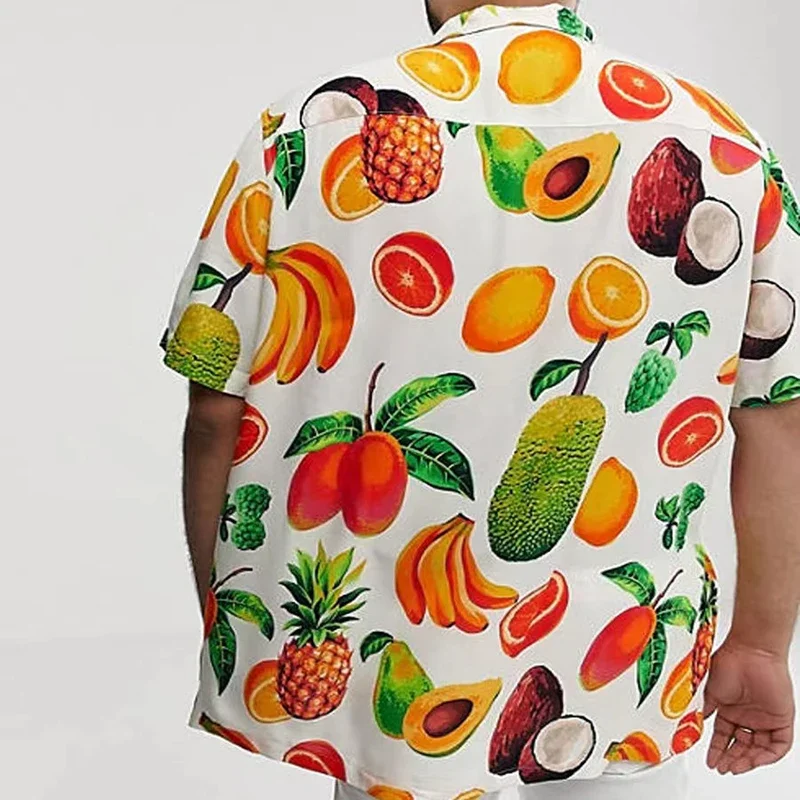 Camisa de praia solta vintage masculina, manga curta, tops estampados com padrão de frutas, camisa masculina havaiana, férias, verão, 2024