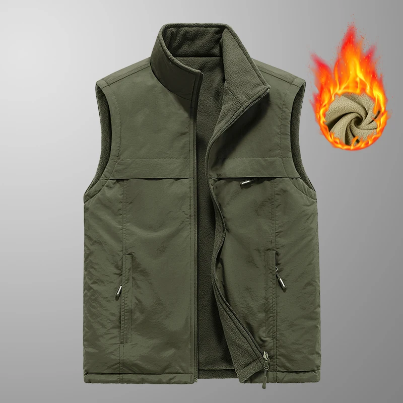 

Men Warm Leisure Vest Men Solid Color Tooling Style Waistcoat Fishing Hiking Multi-Pocket Casual Loose Vest for Men