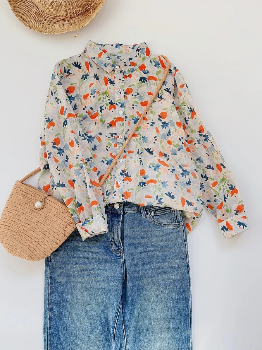 

Ele Floral Print Linen irt Long Sve Sli Beautiful Spring Summer Casual Women's Ne Loose Fit Cotton Blend