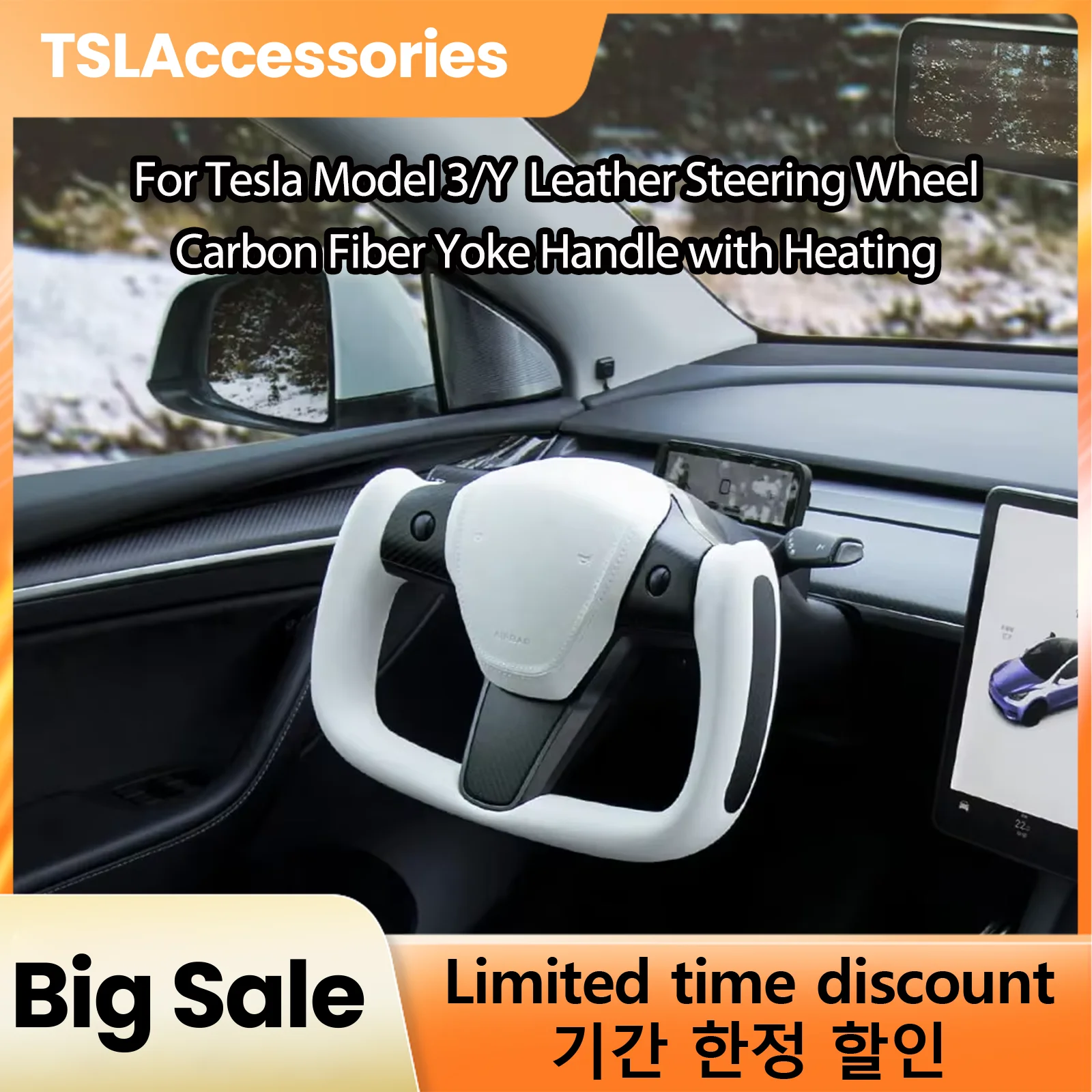 

Real Carbon Fiber Yoke Steering Wheel Cover Replacement Accessories for Tesla Model 3/Y Nappa Leather Yoke Handle with Heating