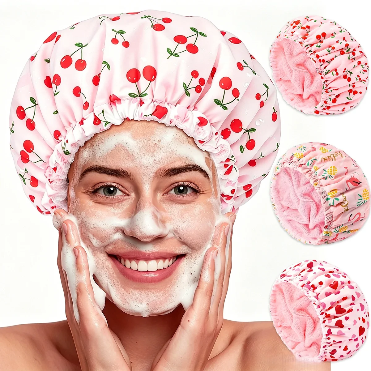 Duschhaube für Frauen mit Frottee-Futter, Große Wiederverwendbare Wasserdichte Bademütze mit Elastischem Band, Rosa Duschhauben für Langes Dickes Haar, Weiche Badekappe