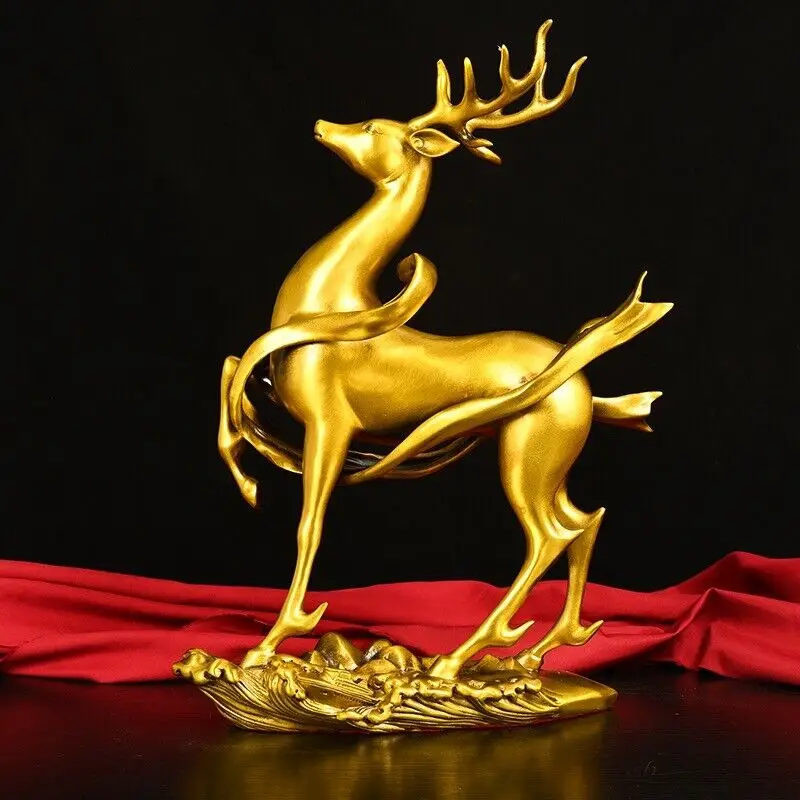 15'' brass sculpture chinese fengshui decor auspicious good fortune deer statue