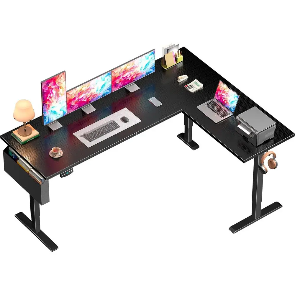 63 L-Shaped Electric Adjustable Desk, Sit-Stand Gaming Desk with Memory Presets, Reversible for Home Office or Dorm, Black