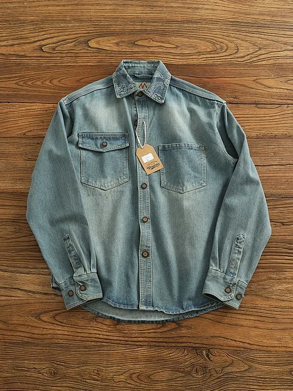 

Ретро-джинсовая рубашка в американском рабочем стиле для мужчин, весна 2026, повседневная, с воротником, свободного кроя, с длинным рукавом, из смесового хлопка и полиэстера