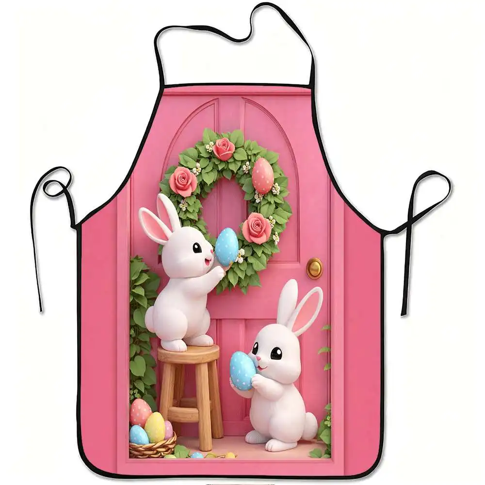 1pc Bunny & Egg Wreath Apron with Adjustable Waistband - Cute Easter Bunny & Egg Print, Durable Easy-Clean Polyester Apron Suita