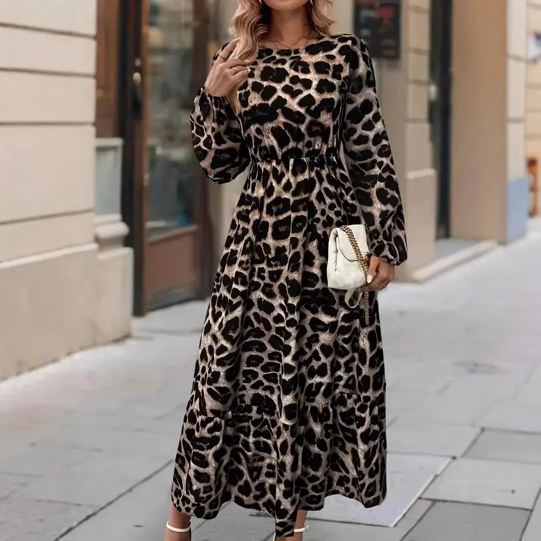 Explosive New Leopard Print Long and Elegant Style Long Sleeved Dress